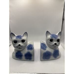 Vintage Cat Bookends White Fluffy Kitty Blue Taiwan Porcelain Book Ends Heavy
